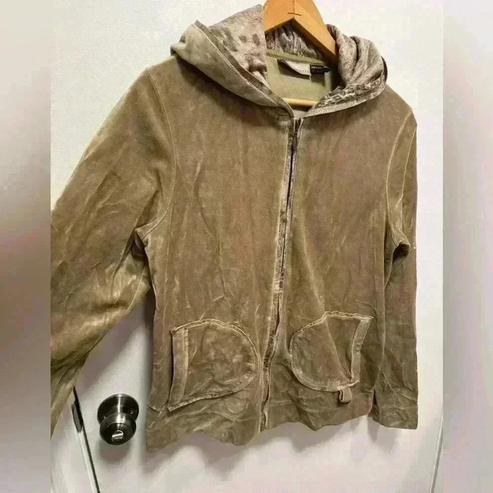Onque Casuals women’s zip up hooded velvet beige sweatshirt vintage size small - Picture 2 of 15